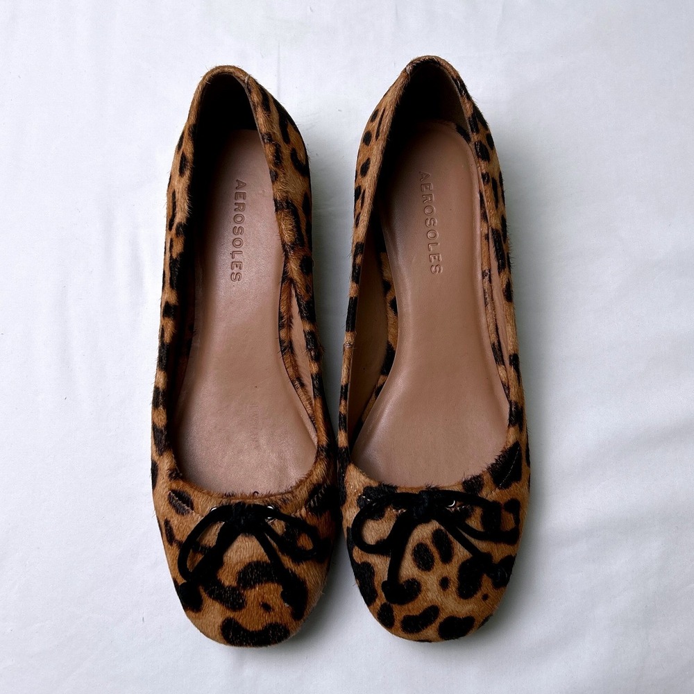 Aerosoles Womens Callie Leopard Calf Hair Wedge Flats Size 6 Tan Black Animal